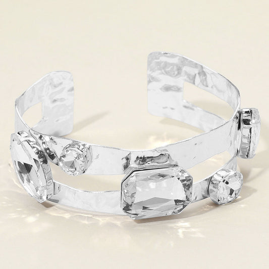 Madeline Love Clear, Rhodium Stone Cluster Embellished Split Arm Cuff Bracelet - Body Jewelry