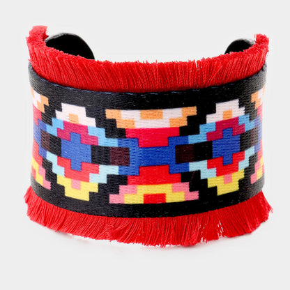 Madeline Love Multi, Red Embroidery Boho Pattern Tassel Trim Cuff Bracelet - Bracelets