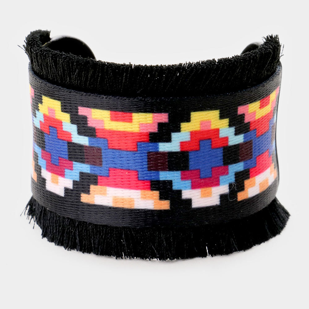 Madeline Love Black, Multi Embroidery Boho Pattern Tassel Trim Cuff Bracelet - Bracelets