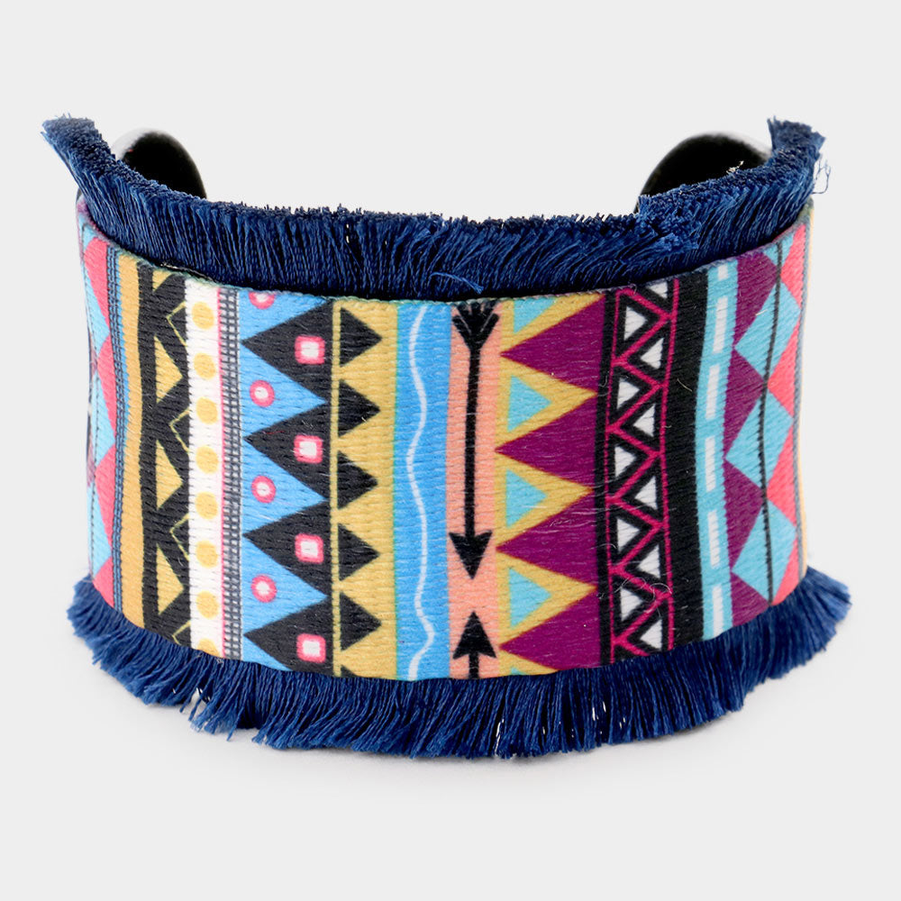 Madeline Love Blue, Multi Embroidery Boho Pattern Tassel Trim Cuff Bracelet - Bracelets