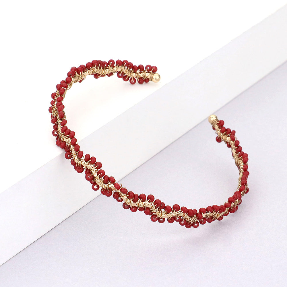 Madeline Love Burgundy, Gold Wrapped Seed Beaded Cuff Bracelet