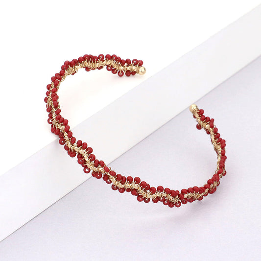 Madeline Love Burgundy, Gold Wrapped Seed Beaded Cuff Bracelet