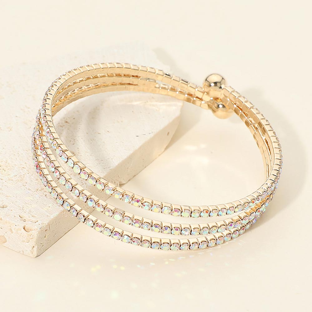 Madeline Love AB, Gold 3Rows Split Layered Rhinestone Cuff Bracelet