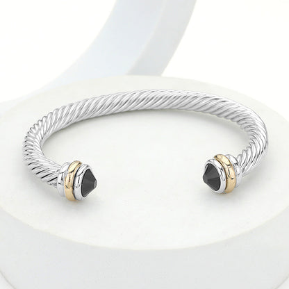 Madeline Love Black, Rhodium Stone Tip Twisted Rope Cuff Bracelet - Hair Accessories
