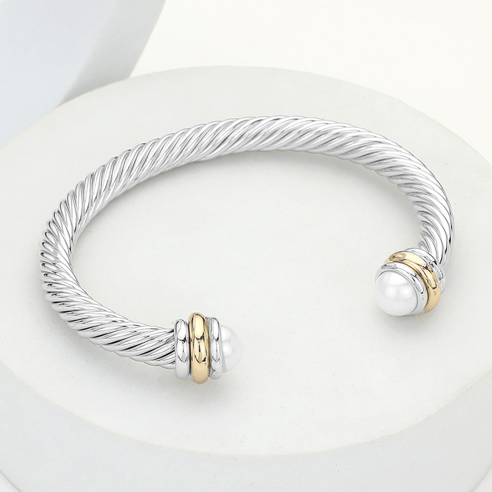 Madeline Love Cream, Rhodium Pearl Tip Twisted Rope Cuff Bracelet - Hair Accessories