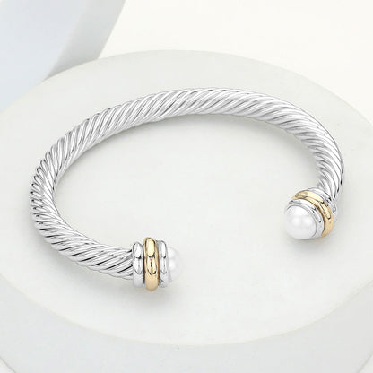 Madeline Love Cream, Rhodium Pearl Tip Twisted Rope Cuff Bracelet - Hair Accessories