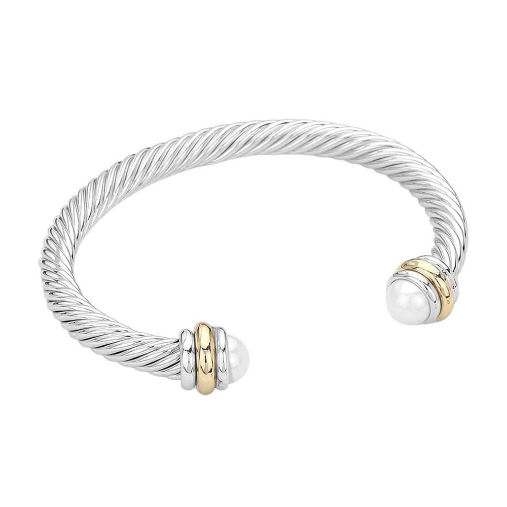 Madeline Love Cream, Rhodium Pearl Tip Twisted Rope Cuff Bracelet - Hair Accessories - desc
