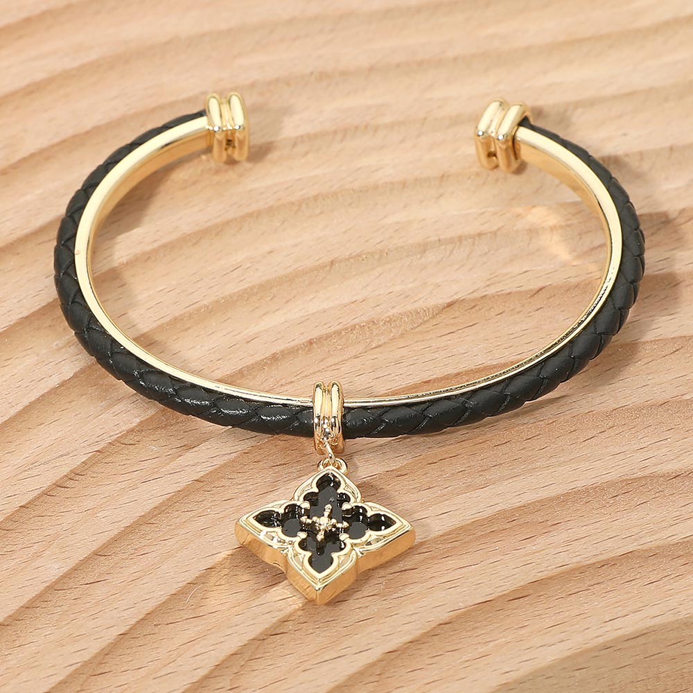 Madeline Love Black, Gold Floral Charm Accent Faux Leather Braided Cuff Bracelet - Bracelets