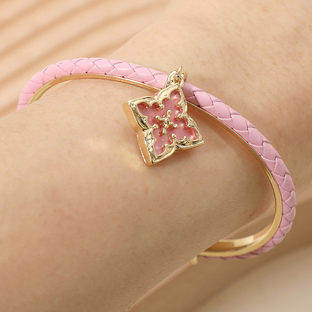 Madeline Love Fuchsia, Gold Floral Charm Accent Faux Leather Braided Cuff Bracelet - Bracelets