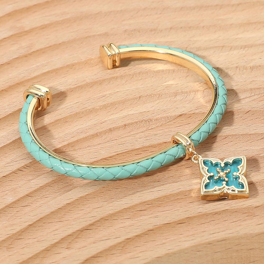 Madeline Love Gold, Turquoise Floral Charm Accent Faux Leather Braided Cuff Bracelet - Bracelets