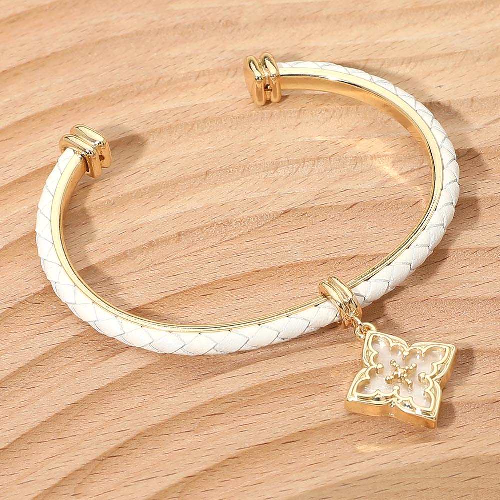 Madeline Love Gold, White Floral Charm Accent Faux Leather Braided Cuff Bracelet - Bracelets