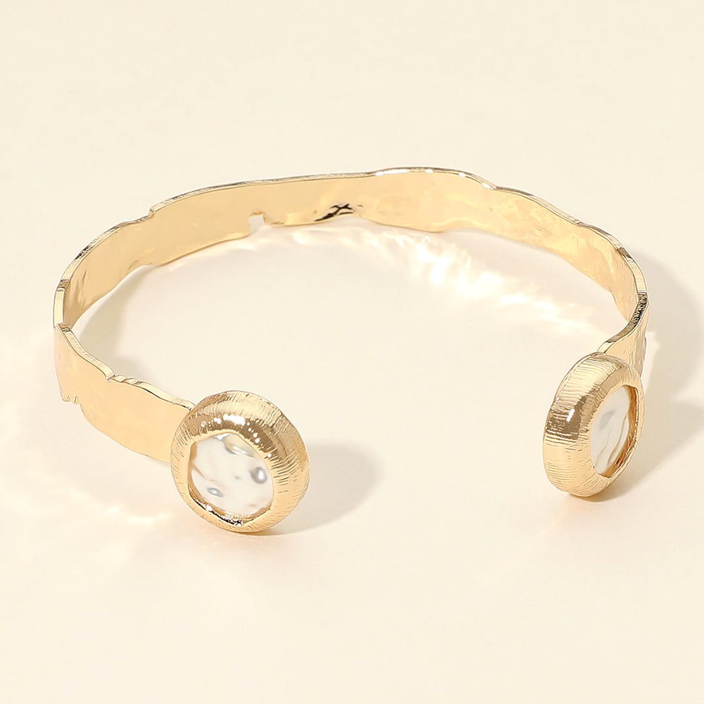 Madeline Love Cream, Gold Organic Shape Pearl Disc Tip Hammered Metal Cuff Bracelet