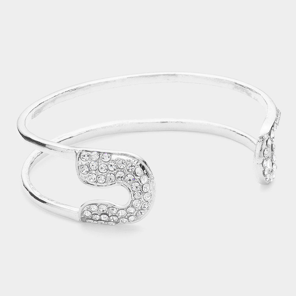 Madeline Love Rhodium Stone Paved Tip Safety Pin Cuff Bracelet - Bracelets - desc