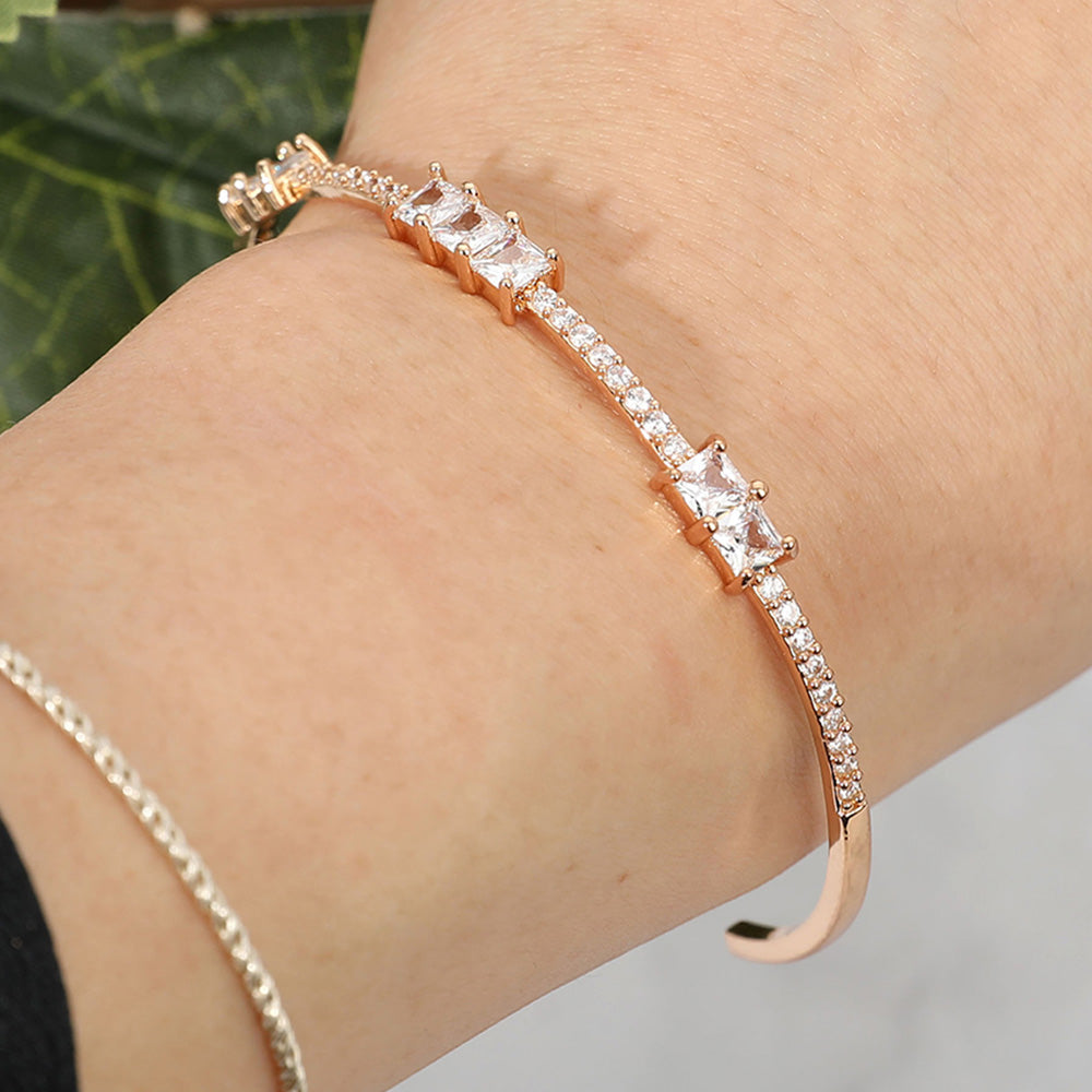 Madeline Love Clear, Gold Double Square CZ Stone Cluster Station Pointed Evening Cuff Bracelet - Bracelets