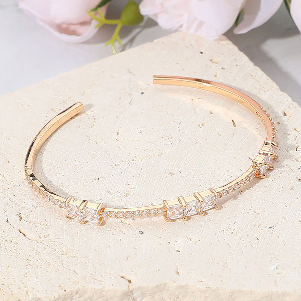 Madeline Love Clear, Gold Double Square CZ Stone Cluster Station Pointed Evening Cuff Bracelet - Bracelets - desc