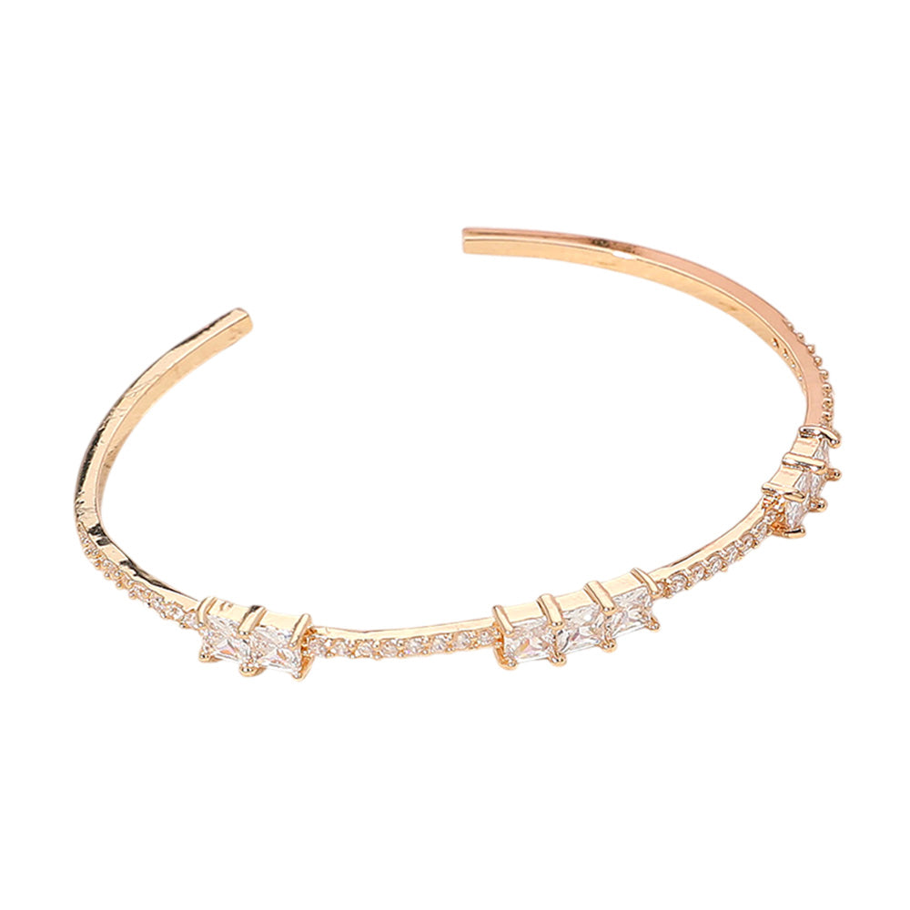 Madeline Love Clear, Gold Double Square CZ Stone Cluster Station Pointed Evening Cuff Bracelet - Bracelets - extra