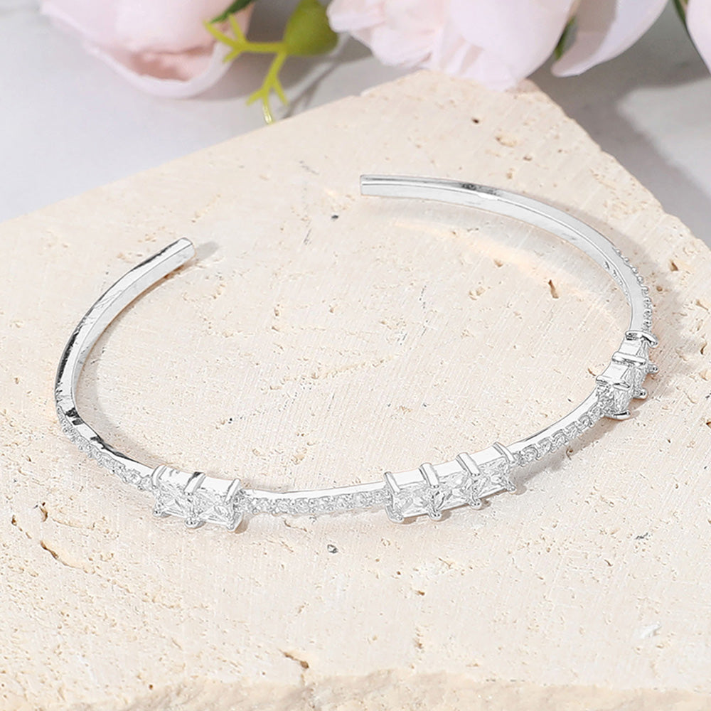 Madeline Love Clear, Rhodium Double Square CZ Stone Cluster Station Pointed Evening Cuff Bracelet - Bracelets