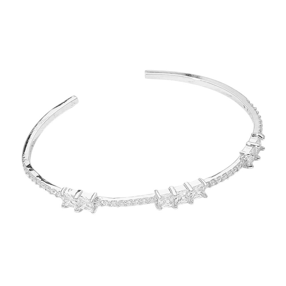 Madeline Love Clear, Rhodium Double Square CZ Stone Cluster Station Pointed Evening Cuff Bracelet - Bracelets - desc