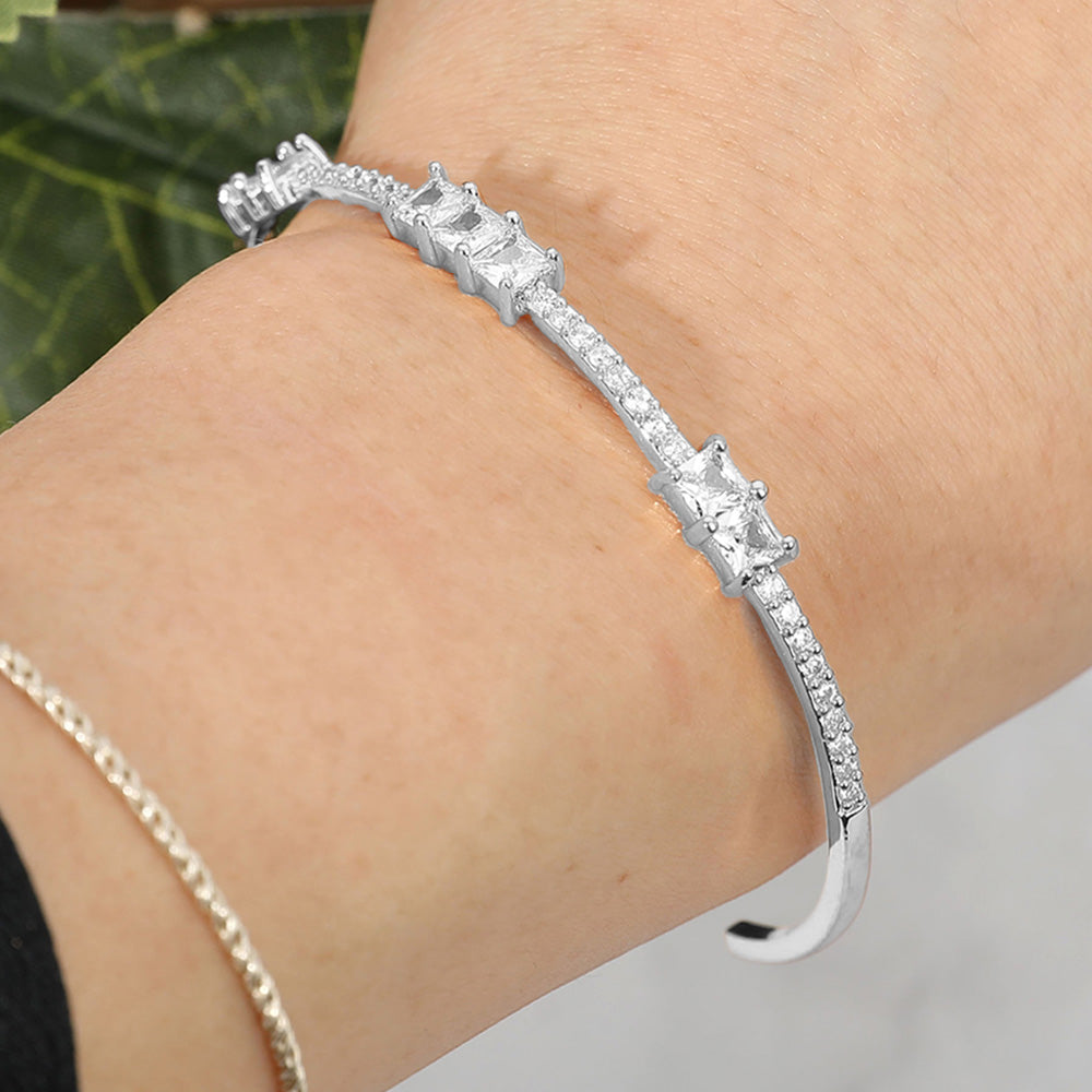 Madeline Love Clear, Rhodium Double Square CZ Stone Cluster Station Pointed Evening Cuff Bracelet - Bracelets - extra