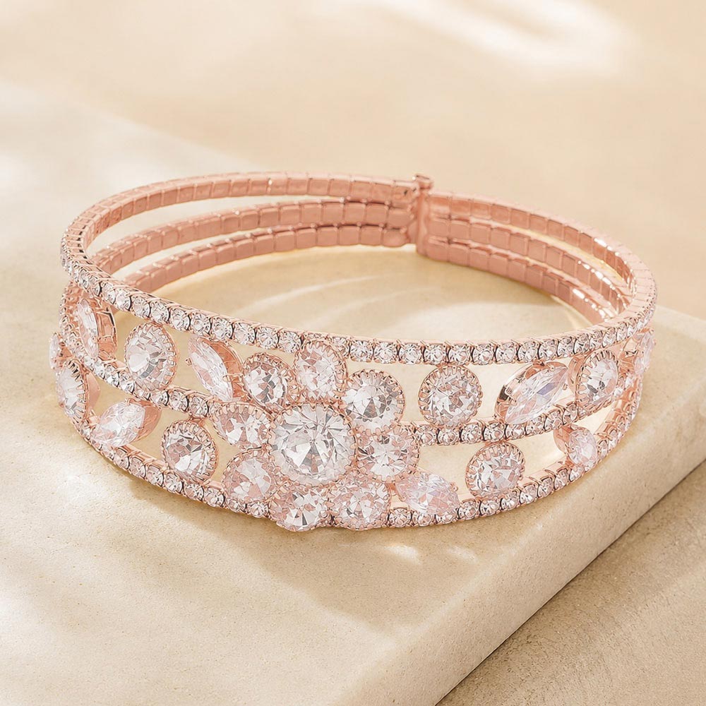Madeline Love Clear, Rose Gold CZ Floral Cuff Evening Bracelet