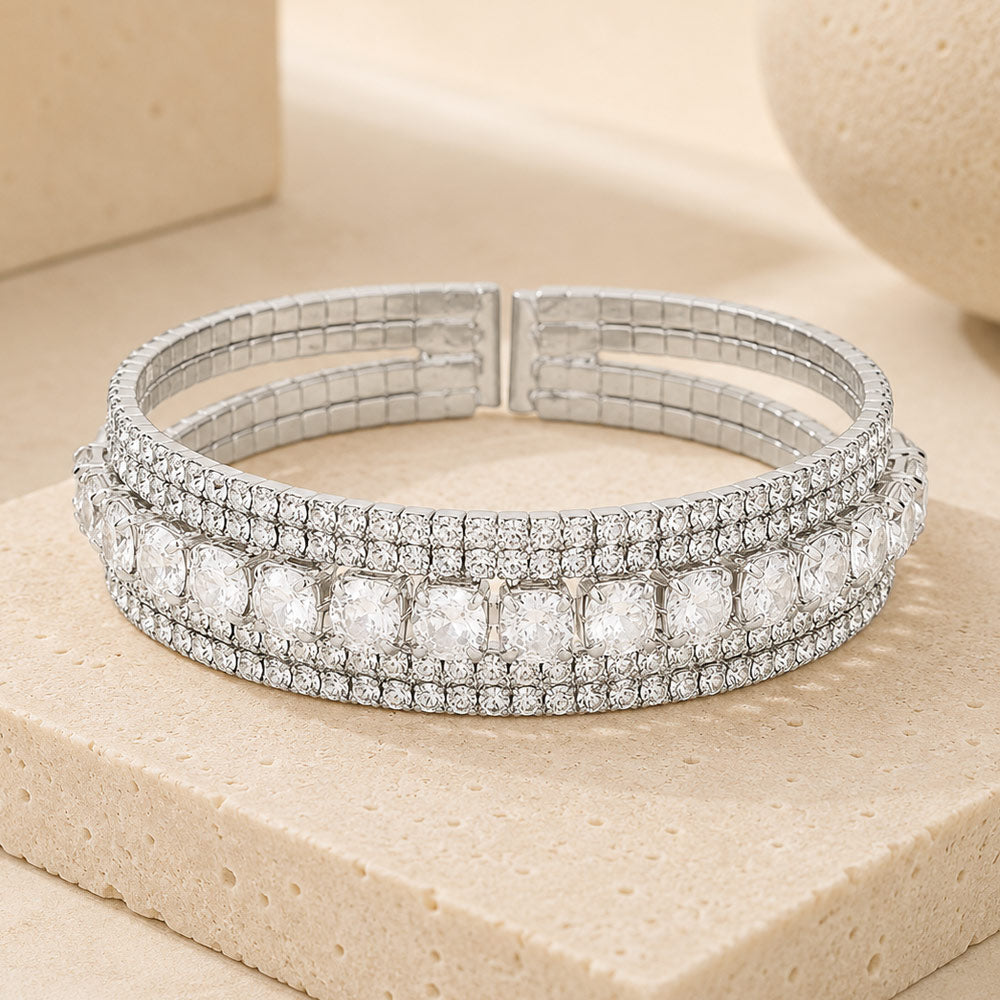 Madeline Love Silver CZ Round Stone Accented Cuff Evening Bracelet