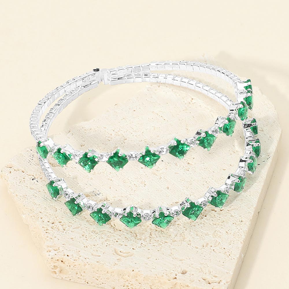 Madeline Love Clear, Emerald, Silver Square CZ Double Row Adjustable Evening Cuff Bracelet