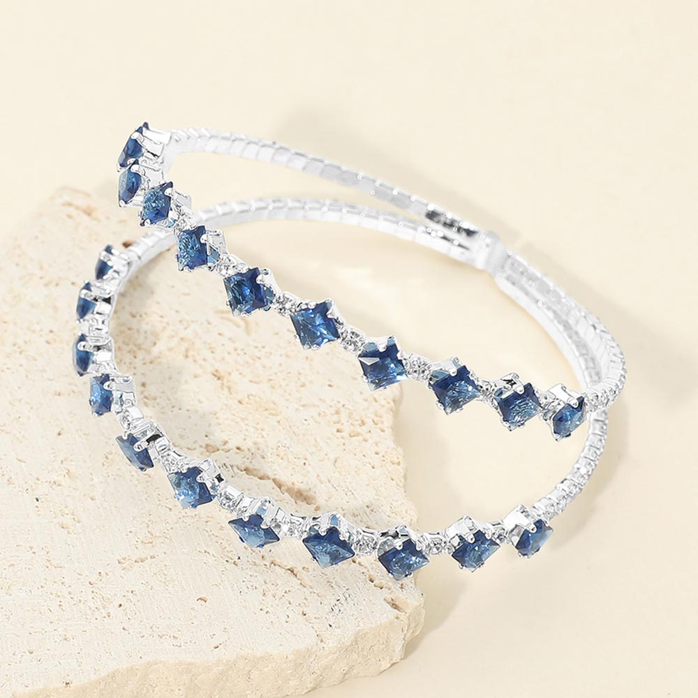 Madeline Love Clear, Sapphire, Silver Square CZ Double Row Adjustable Evening Cuff Bracelet