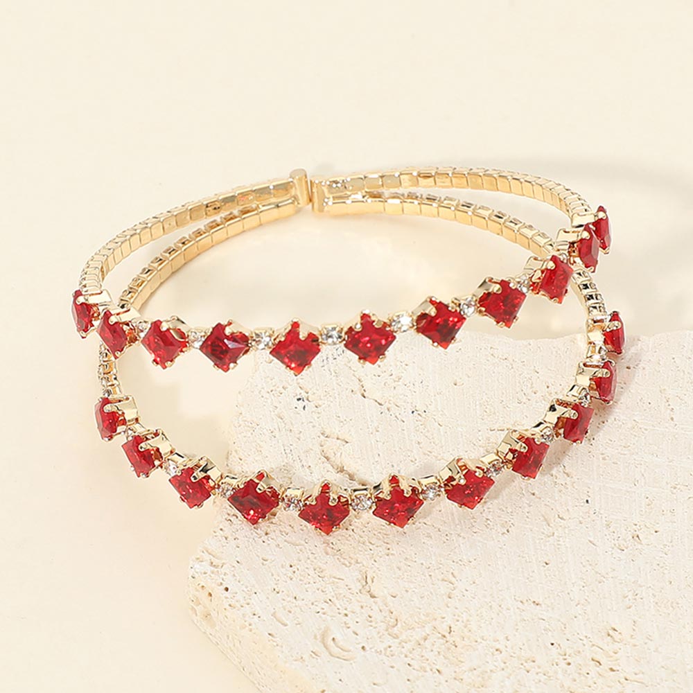 Madeline Love Clear, Gold, Siam Square CZ Double Row Adjustable Evening Cuff Bracelet