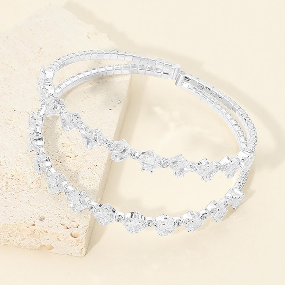 Madeline Love Clear, Silver Square CZ Double Row Adjustable Evening Cuff Bracelet