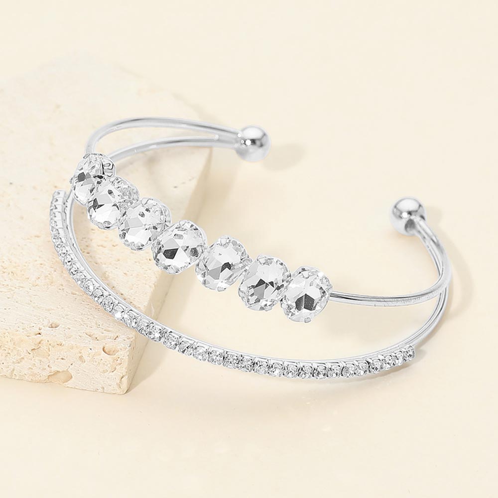 Madeline Love Clear, Silver Oval CZ Cluster Accent Double Row Adjustable Evening Cuff Bracelet