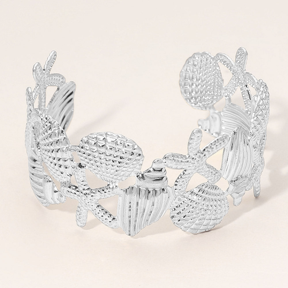 Madeline Love Worn Silver Textured Metal Seashell Starfish Open Cuff Bracelet