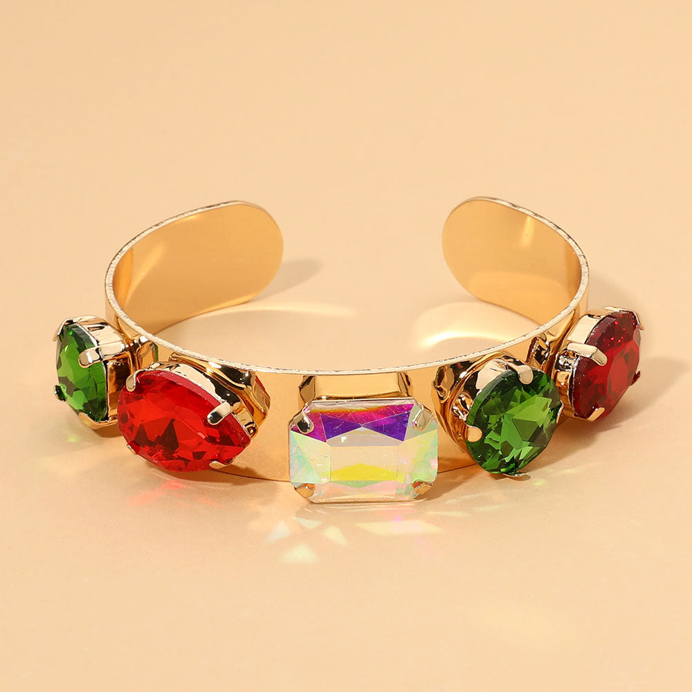 Madeline Love Emerald, Gold, Red Multi-Shaped Faceted Stone Cluster Embellished Cuff Bracelet