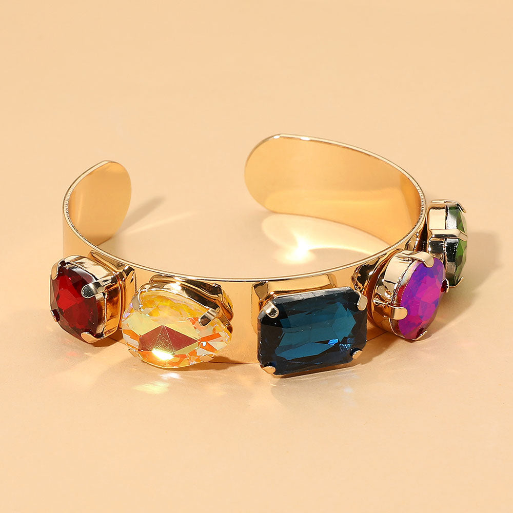 Madeline Love Gold, Multi Multi-Shaped Faceted Stone Cluster Embellished Cuff Bracelet