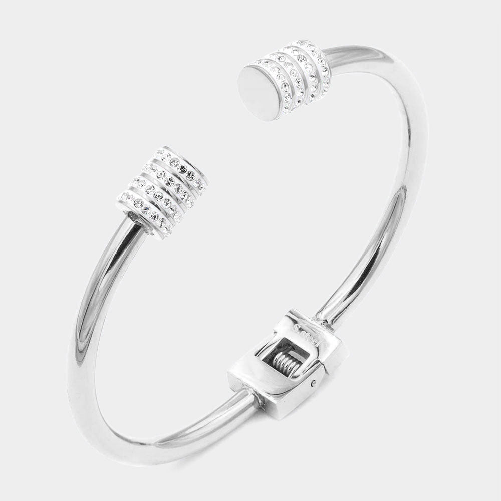 Madeline Love Silver Rhinestone Embellished Tip Stainless Steel Cuff Evening Bracelet - Bracelets