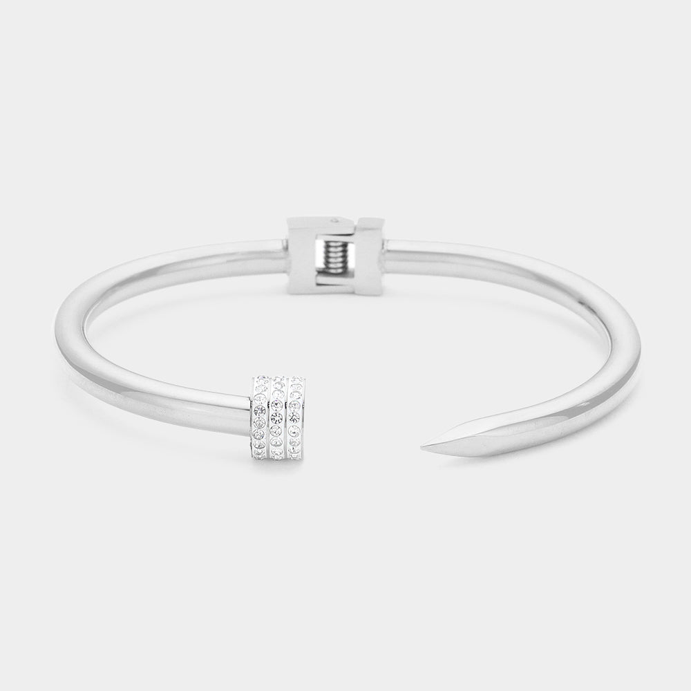 Madeline Love Rhodium Stone Paved Tip Metal Nail Hinged Cuff Bracelet - Bracelets
