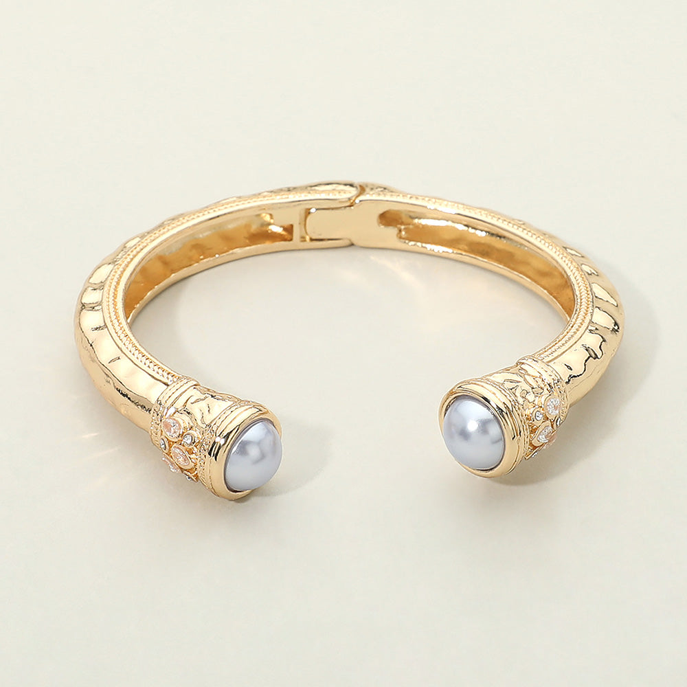 Madeline Love Gold, Light Blue Pearl Tip Accent Hinged Cuff Bracelet