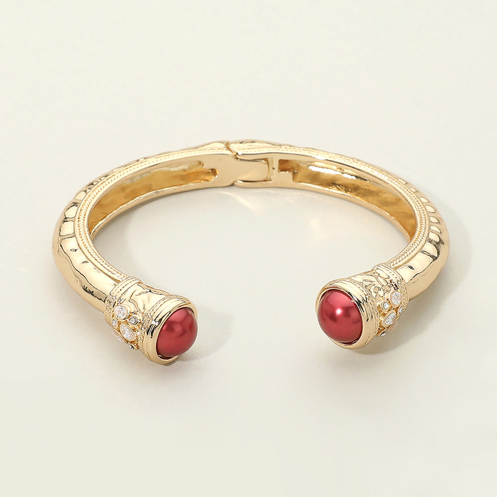 Madeline Love Gold, Red Pearl Tip Accent Hinged Cuff Bracelet