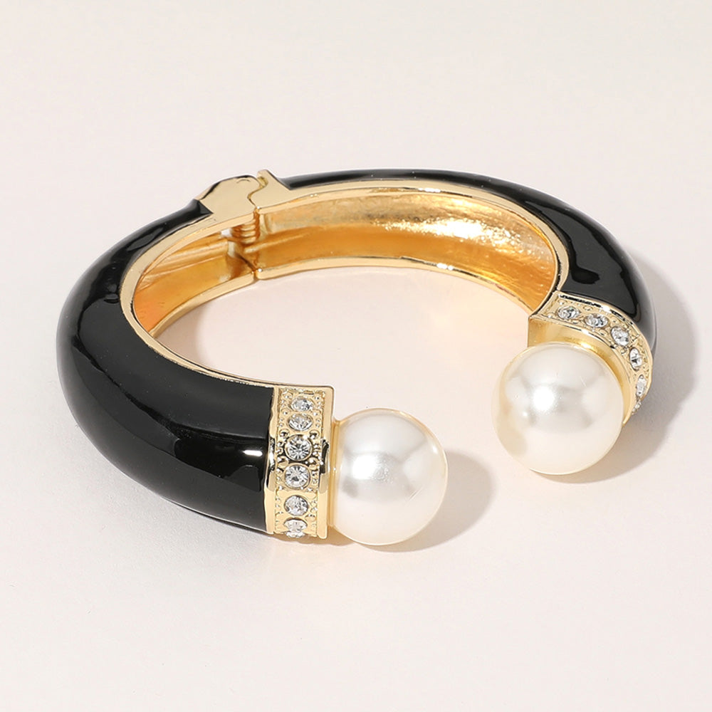 Madeline Love Black, Gold Gold Plated Pearl Tip Enamel Hinged Cuff Bracelet - Bracelets