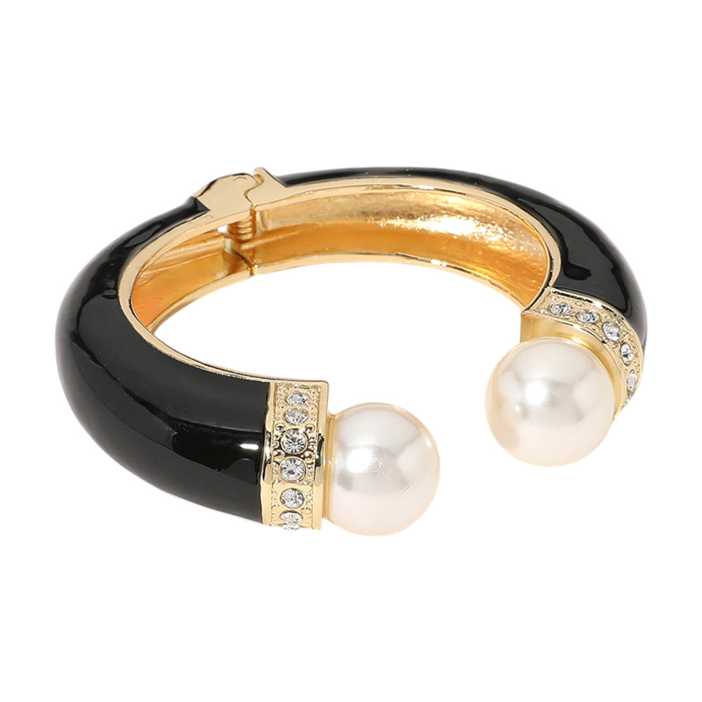 Madeline Love Black, Gold Gold Plated Pearl Tip Enamel Hinged Cuff Bracelet - Bracelets - desc