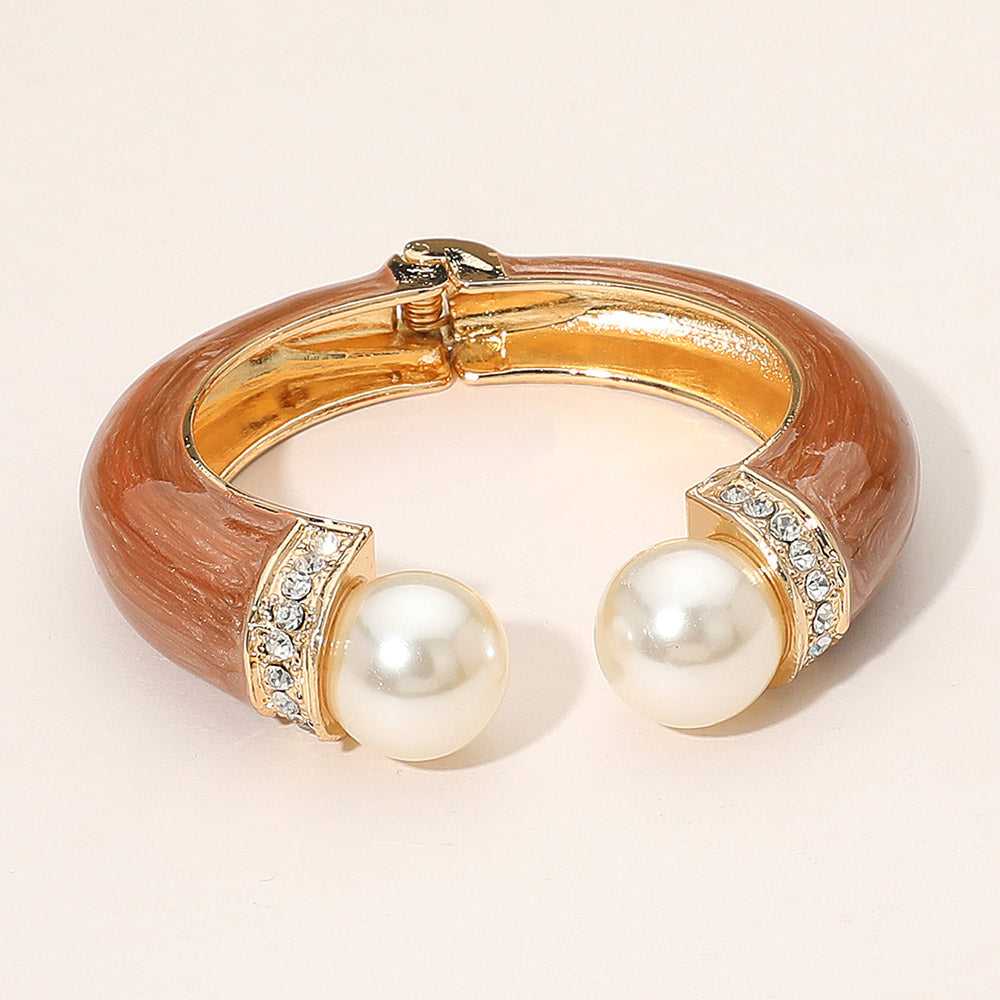 Madeline Love Brown, Gold Gold Plated Pearl Tip Enamel Hinged Cuff Bracelet - Bracelets