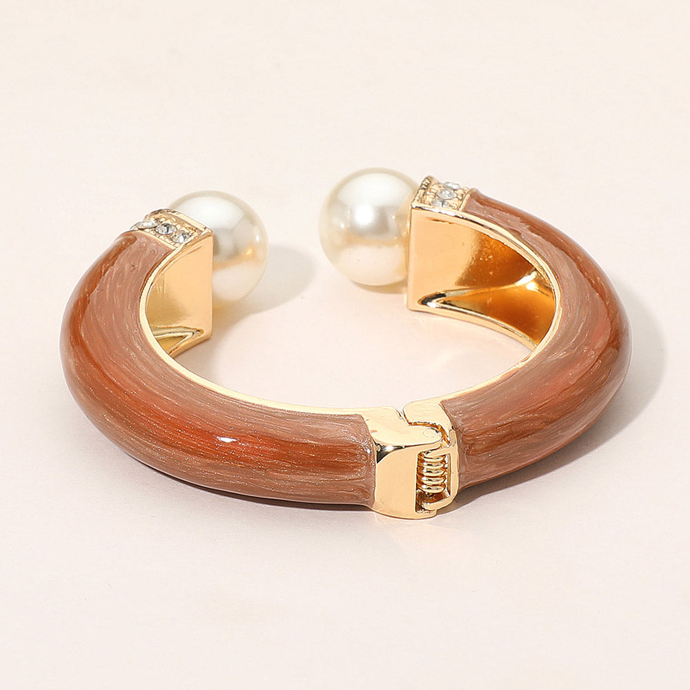 Madeline Love Brown, Gold Gold Plated Pearl Tip Enamel Hinged Cuff Bracelet - Bracelets - desc