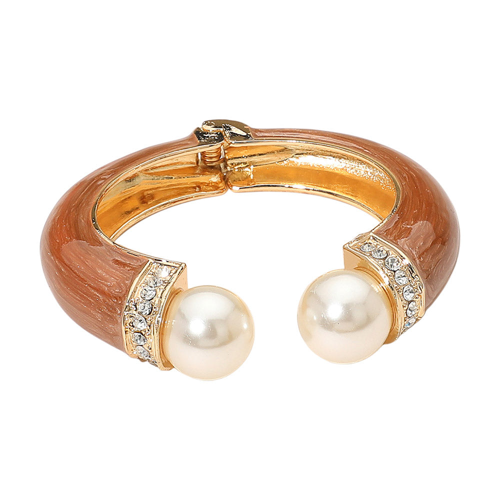 Madeline Love Brown, Gold Gold Plated Pearl Tip Enamel Hinged Cuff Bracelet - Bracelets - extra