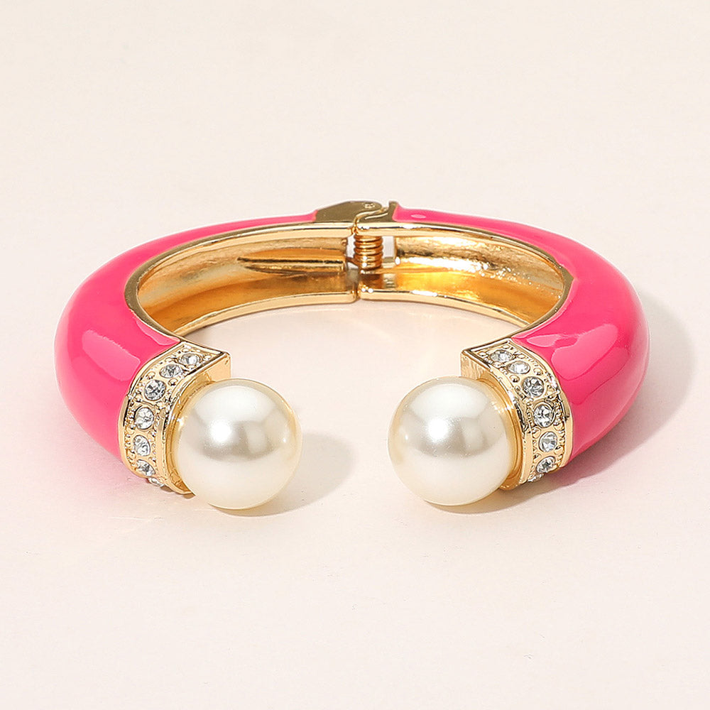 Madeline Love Fuchsia, Gold Gold Plated Pearl Tip Enamel Hinged Cuff Bracelet - Bracelets