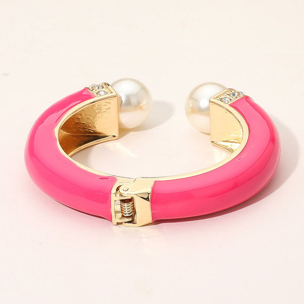 Madeline Love Fuchsia, Gold Gold Plated Pearl Tip Enamel Hinged Cuff Bracelet - Bracelets - desc