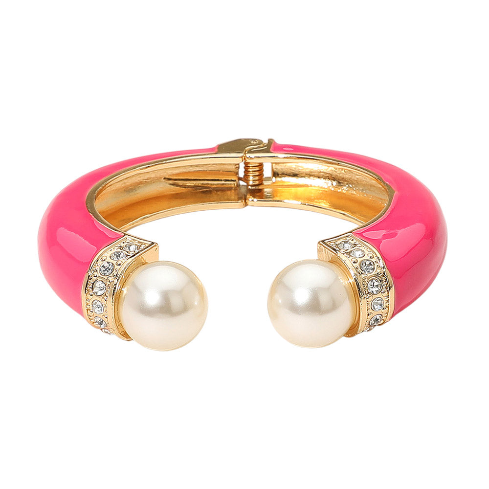 Madeline Love Fuchsia, Gold Gold Plated Pearl Tip Enamel Hinged Cuff Bracelet - Bracelets - extra