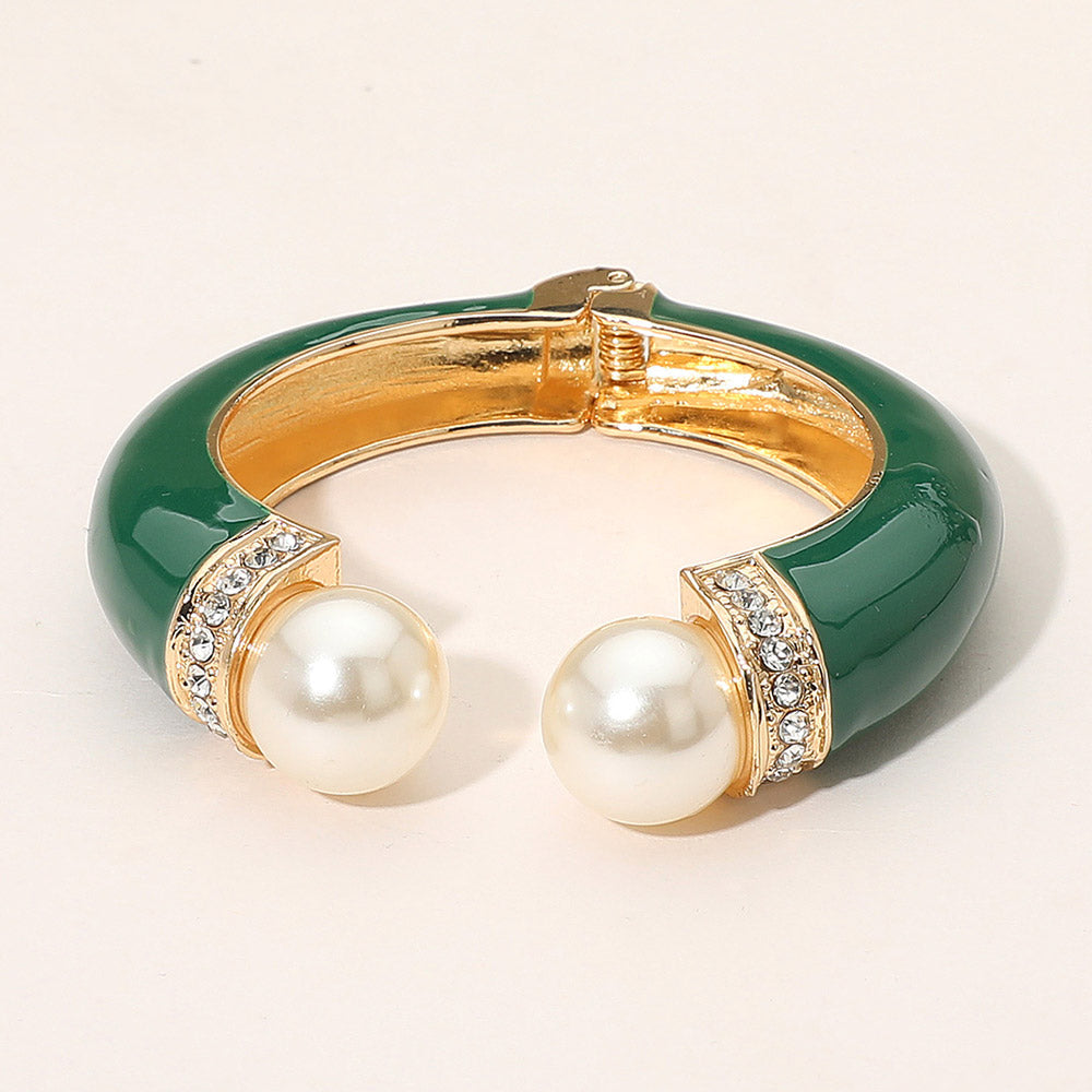 Madeline Love Gold, Green Gold Plated Pearl Tip Enamel Hinged Cuff Bracelet - Bracelets