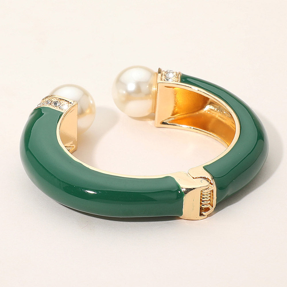 Madeline Love Gold, Green Gold Plated Pearl Tip Enamel Hinged Cuff Bracelet - Bracelets - desc