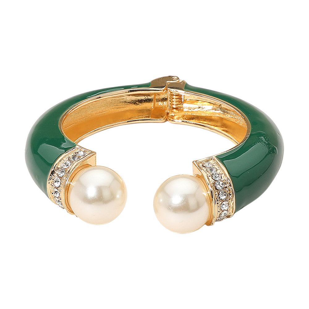 Madeline Love Gold, Green Gold Plated Pearl Tip Enamel Hinged Cuff Bracelet - Bracelets - extra