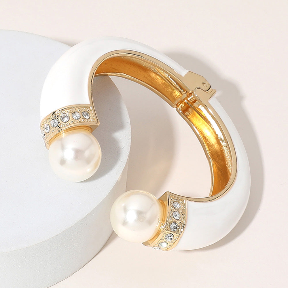 Madeline Love Gold, White Gold Plated Pearl Tip Enamel Hinged Cuff Bracelet - Bracelets