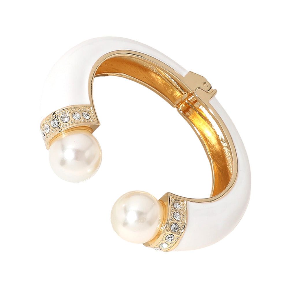 Madeline Love Gold, White Gold Plated Pearl Tip Enamel Hinged Cuff Bracelet - Bracelets - desc
